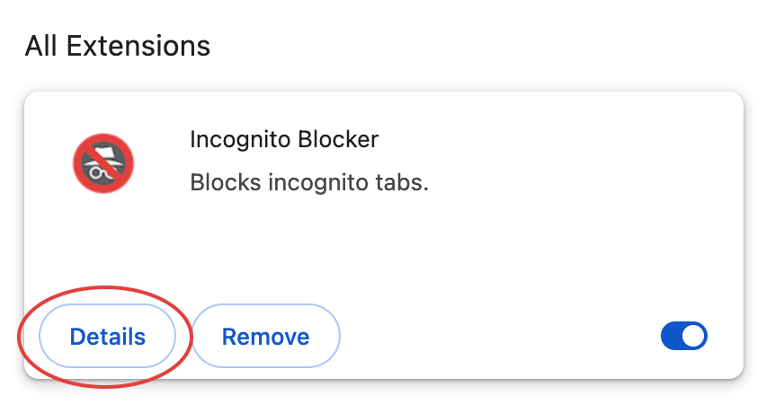 The Incognito Blocker card on chrome://extensions, with the Details button highlighted